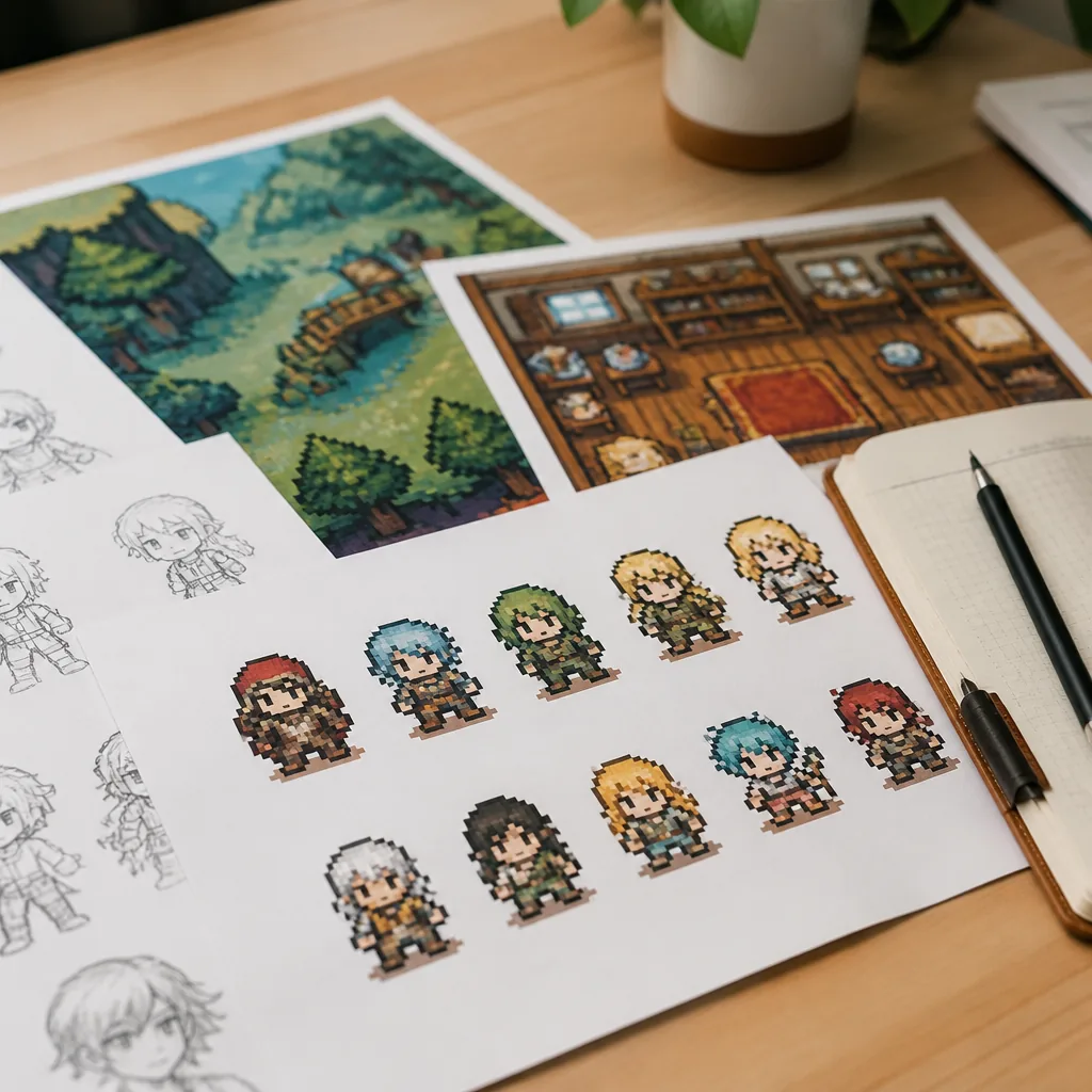 Colorful pixel-art game sprites and level sketches
